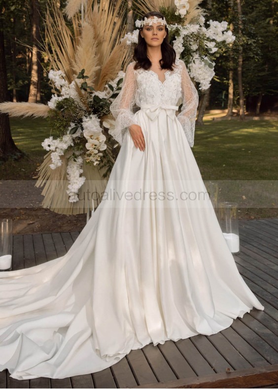 Long Sleeves Beaded Ivory Lace Satin Charming Wedding Dress